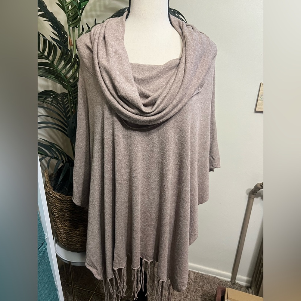 LoveStich Taupe Drapey Soft Poncho with Fringe (OS)